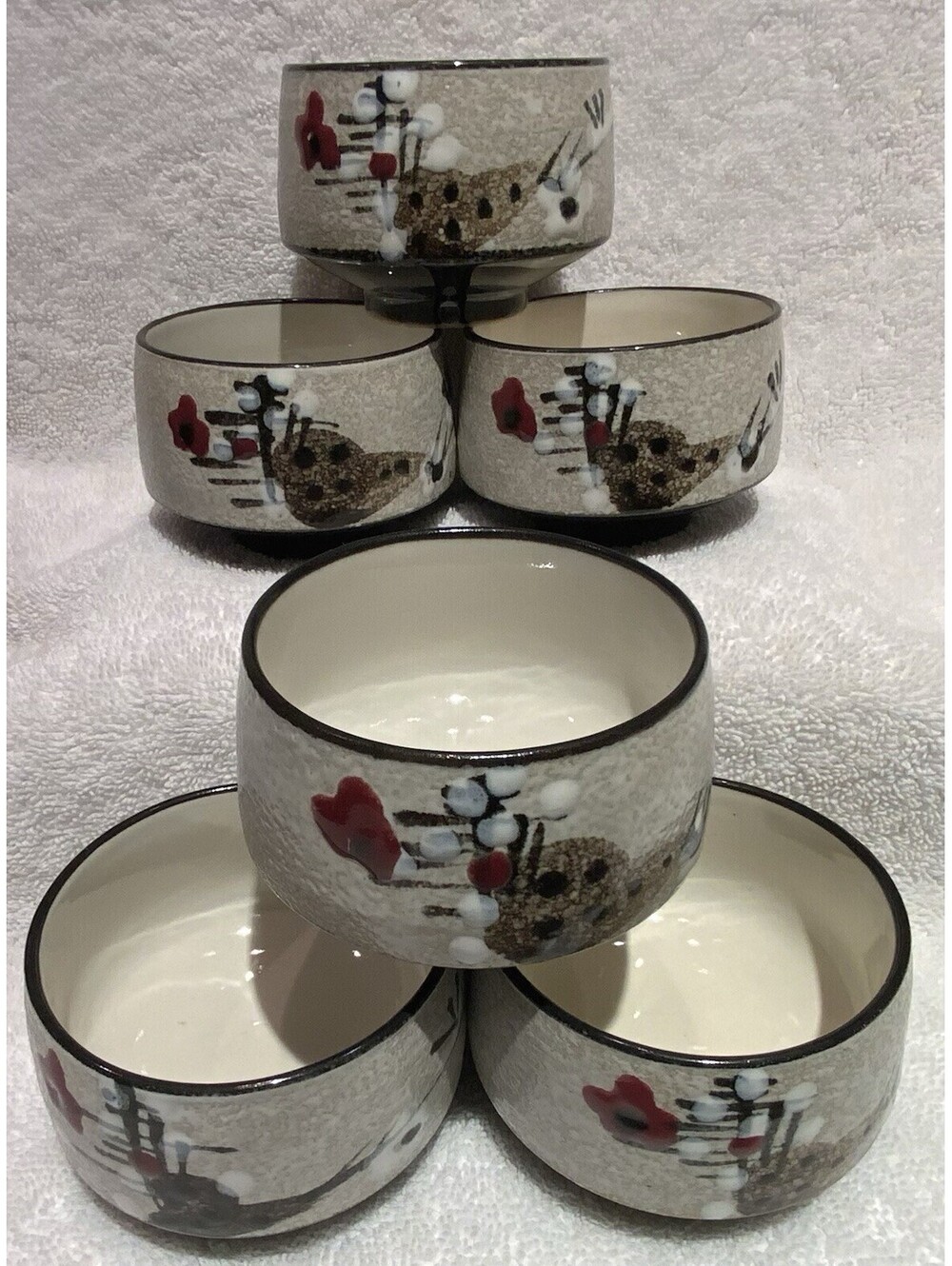 Vintage 6 oz.Hand Painted Tea Cups with Cherry Blossom Design Set Of 6